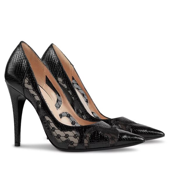 GUCCI SHOES BLACK PYTHON PRINT LEATHER w GG LOGO MESH PUMPS $940 - Picture 3 of 15